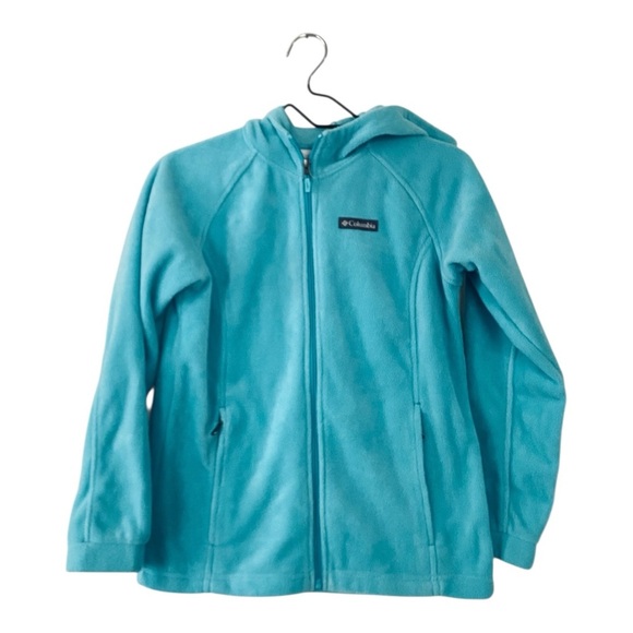 Columbia Kids Turquoise Blue Fleece Jacket Zip Up Hoodie Coat Size Large 14/16 - Picture 1 of 9